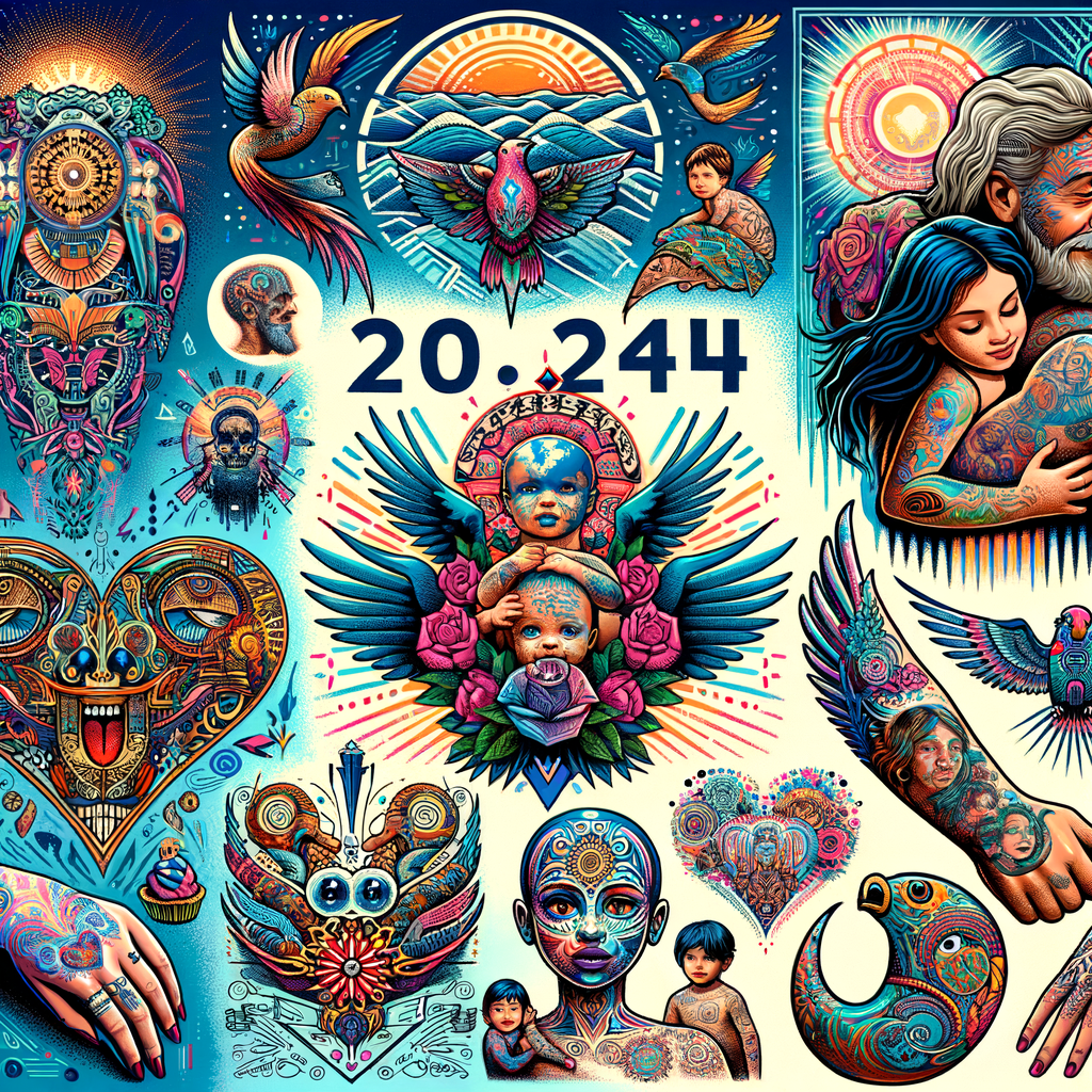 Vibrant collage of Family Tattoo Designs 2024, showcasing popular Family-Inspired Tattoos, Family Symbol Tattoos 2024, and new Tattoo Trends 2024 for trending family tattoos and in-style tattoos.