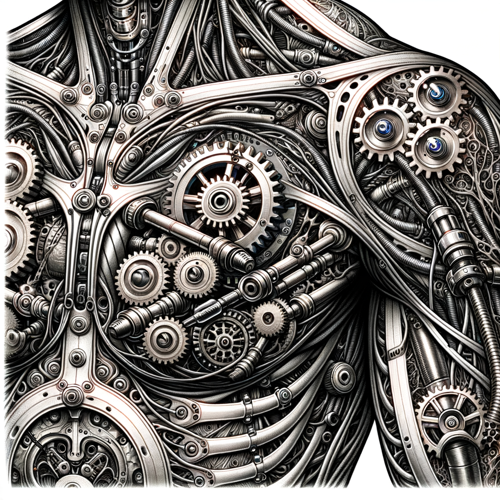 Art and Science Intersection in a Biomechanical Tattoo Art design, showcasing Innovative Tattoo Designs and Artistic Tattoo Techniques used in Science Inspired Tattoos.