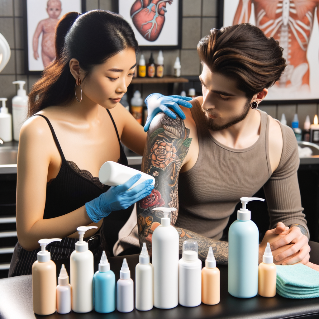Tattoo artist applying baby lotion on fresh tattoo for aftercare, showcasing best tattoo aftercare products for skin healing and tattoo maintenance