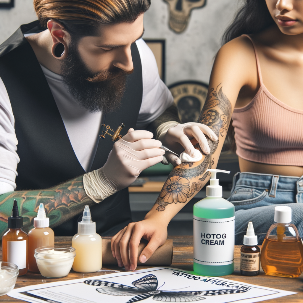 Tattoo artist applying soothing cream to reduce tattoo inflammation, demonstrating tattoo healing process with aftercare guide and tattoo irritation remedies nearby, highlighting how to stop tattoo itch and prevent tattoo skin irritation.