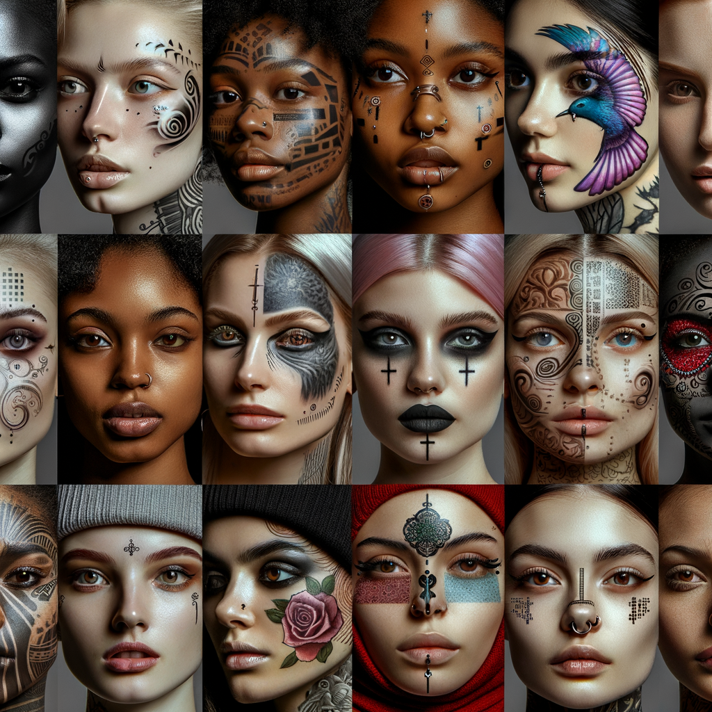 Collage of unique and trendy women's face tattoo designs providing inspiration for female face tattoos, showcasing a diverse range of feminine face tattoo concepts.