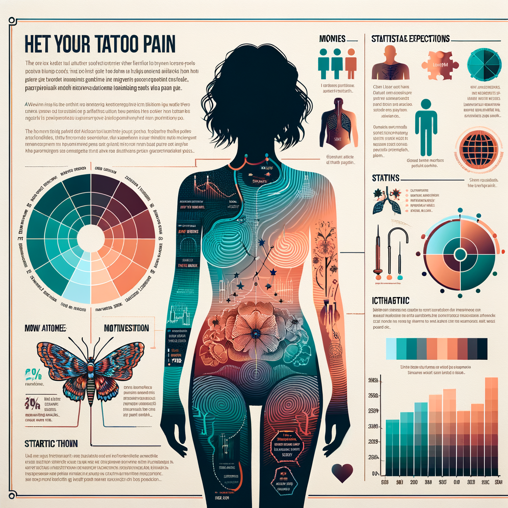 Tattoo pain guide infographic illustrating painful tattoo locations on a human body silhouette, showing tattoo pain scale, areas for less painful tattoos, and tips for managing tattoo pain for tattoo pain preparation.