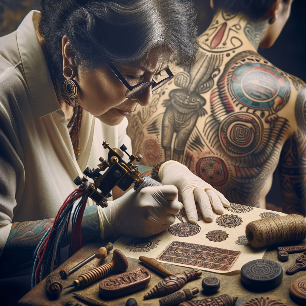 Professional tattoo artist reviving traditional tattoos using ancient tattoo techniques and tools, encapsulating the essence of tattoo tradition restoration and traditional tattoo revival.