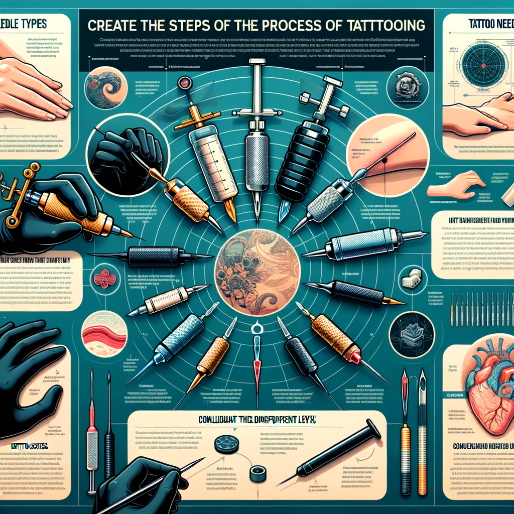 Infographic illustrating tattoo needle types, sizes, penetration depth, tattooing techniques, pain level guide, and safety information for understanding the tattoo process.