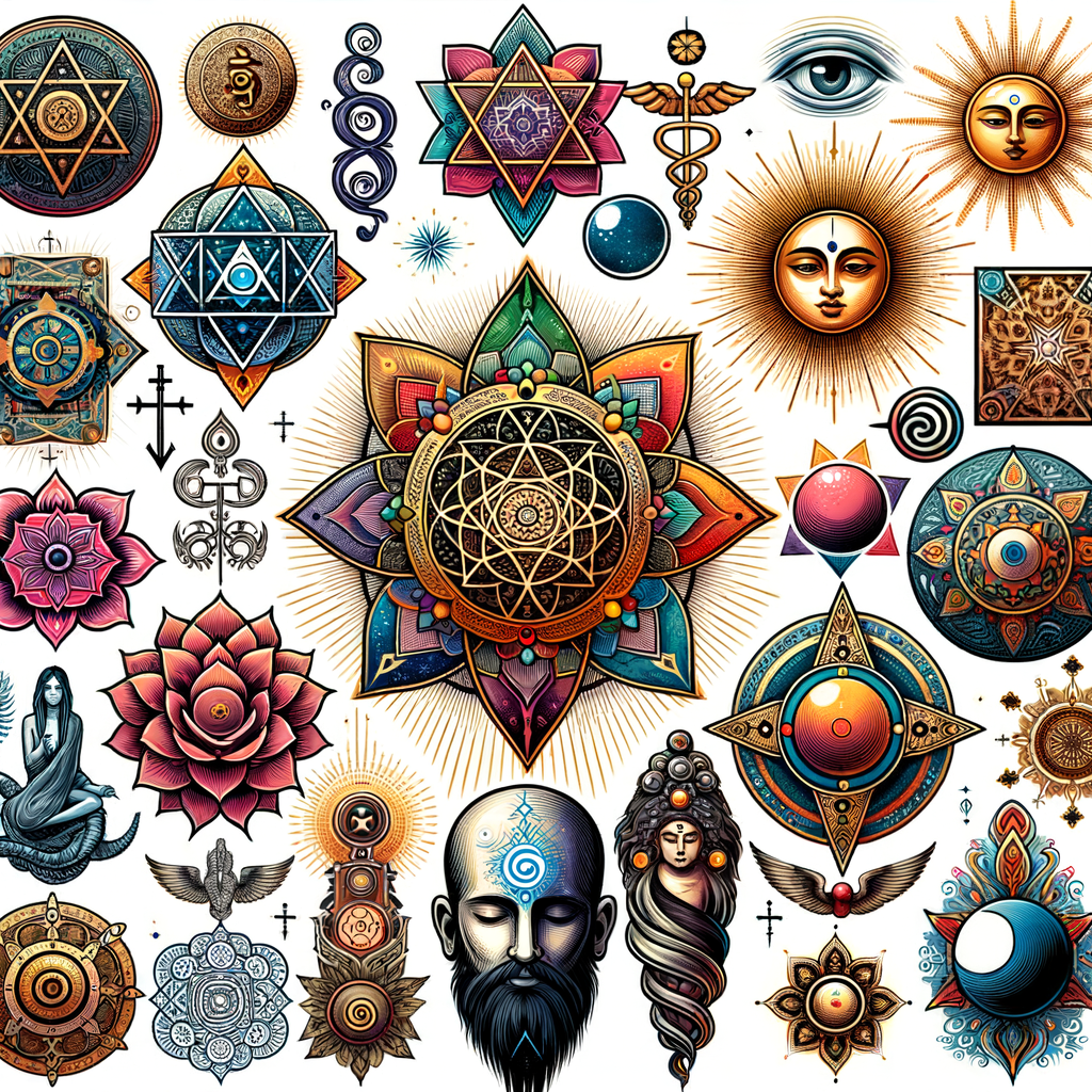 Vibrant collage of spiritual tattoo designs, showcasing sacred symbols from various religions, meaningful spiritual tattoos, and intricate sacred geometry tattoos for Exploring Sacred Tattoos article.