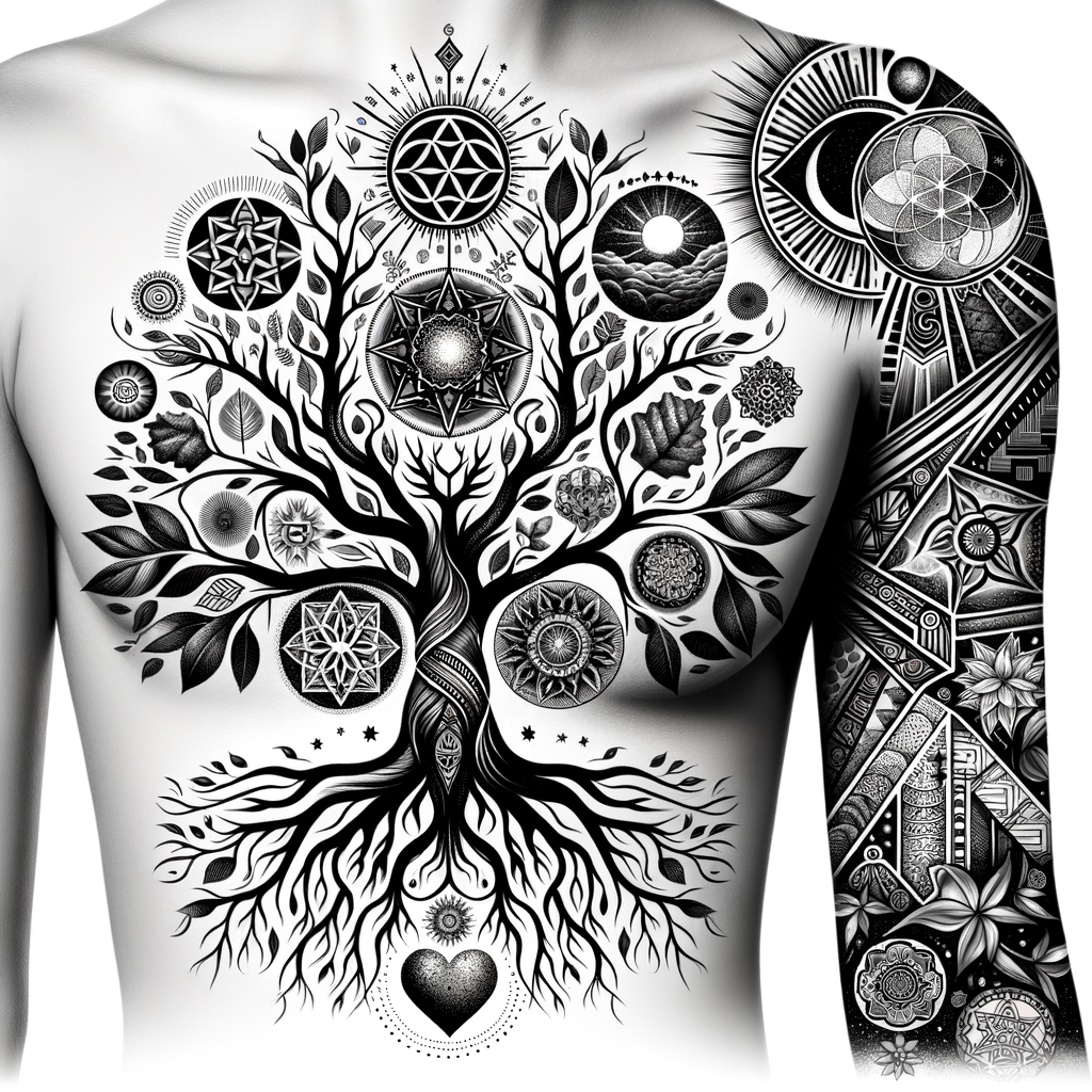 Artistic collage of various tree tattoo designs including Tree of Life, oak, and pine, symbolizing nature, life, and personal growth for an article on Tree Tattoo Symbolism, Meaning of Tree Tattoos, and Spiritual Meaning of Tree Tattoos.