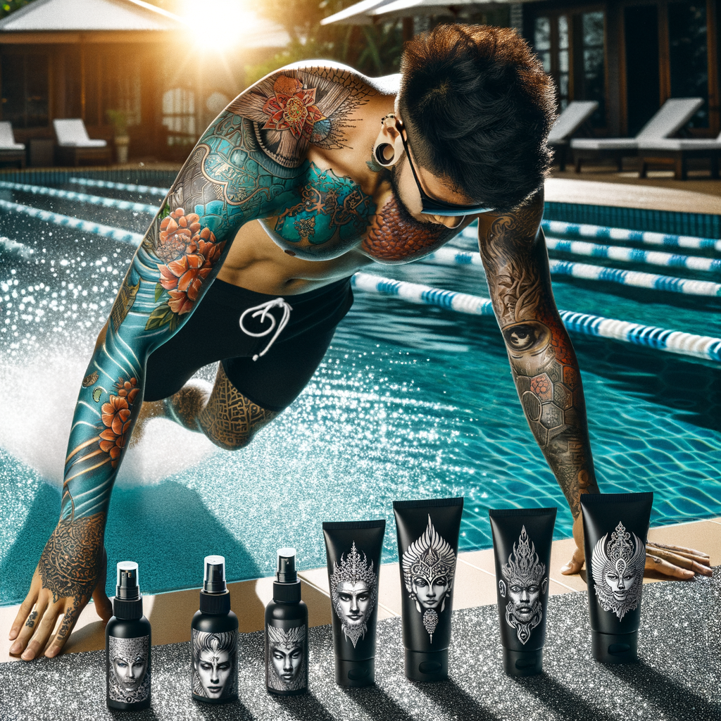 Professional swimmer with tattoos diving into pool, demonstrating Waterproof Tattoo Tips and Tattoo Care for Swimmers with Waterproofing Tattoos products on poolside