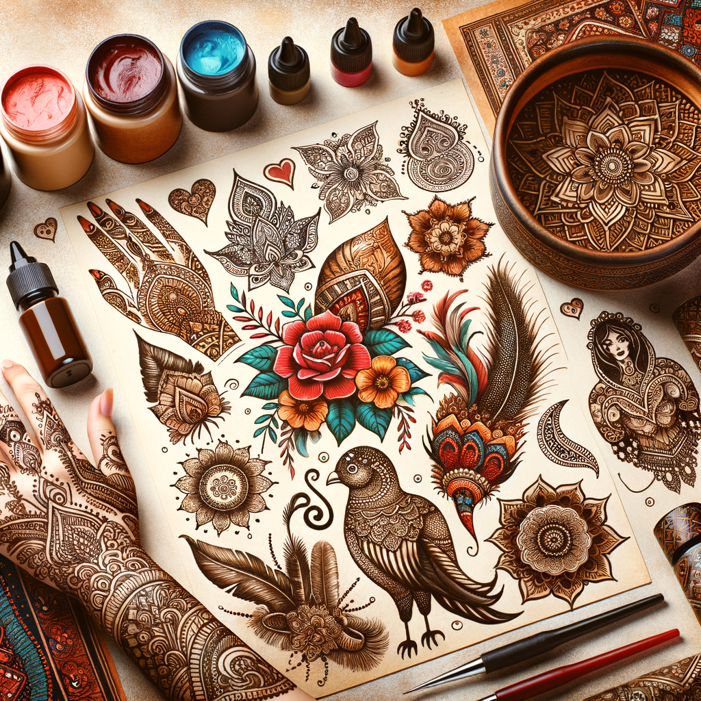 Vibrant display of traditional henna tattoo designs, DIY henna tattoo kits, and henna tattoo care tips for exploring henna art and temporary tattoos.