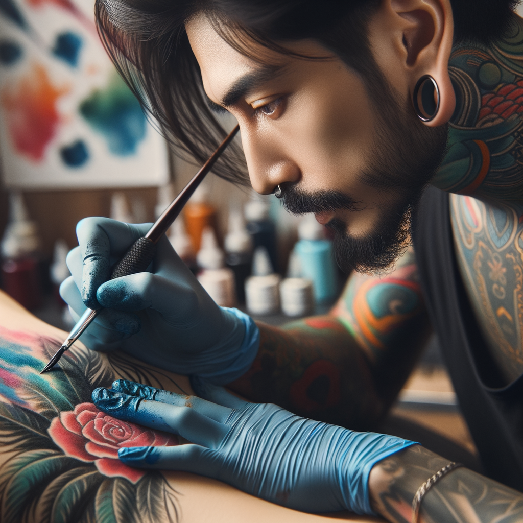 Professional tattoo artist demonstrating watercolor tattoo techniques and ink brush tattoo styles, providing a guide to artistic tattoo methods and watercolor ink art for tattoo art exploration.
