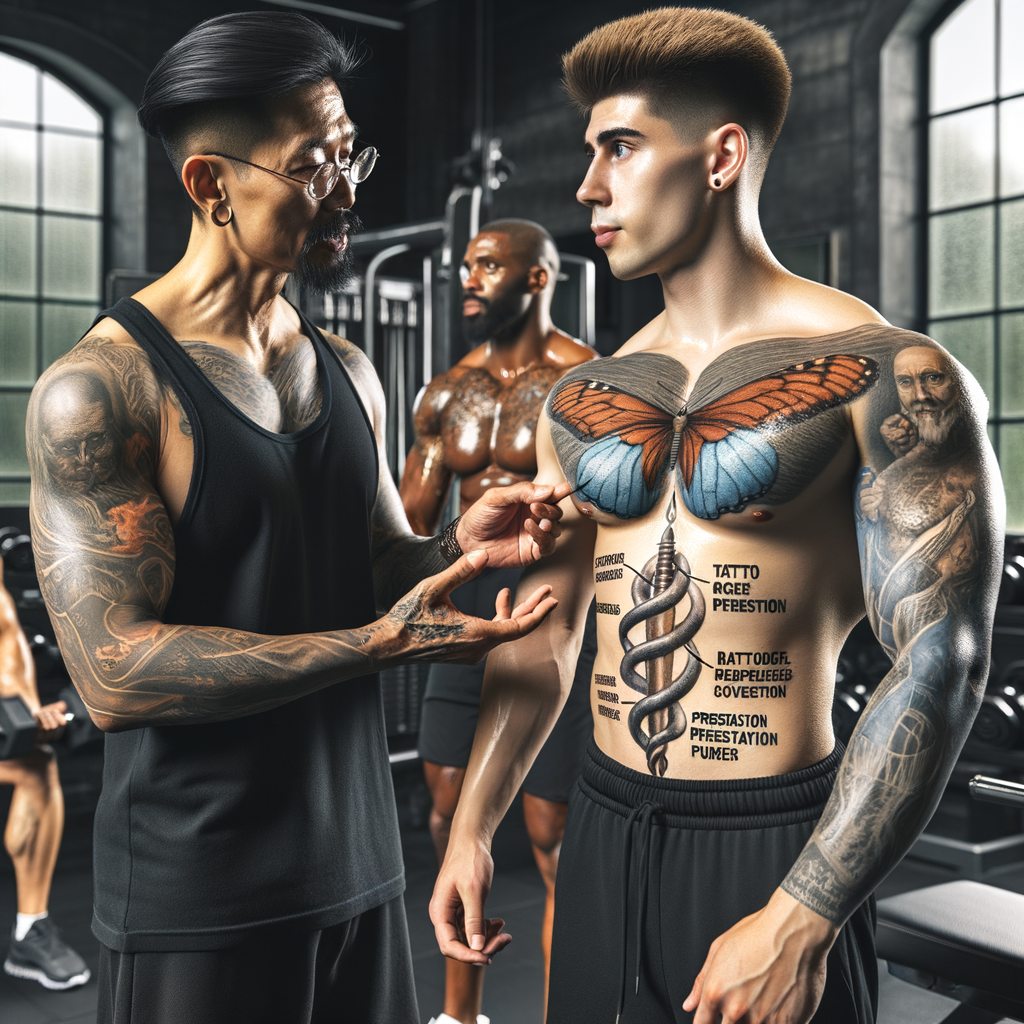 Tattoo artist advising a tattooed bodybuilder about tattoo care during workout, illustrating the effects of exercise on tattoos, tattoo healing, and the impact of working out on tattoo preservation in a gym setting with exercising individuals in the background.
