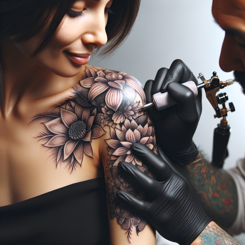Mastectomy tattoo artist creating a feminine floral design from shoulder to wrist on a proud breast cancer survivor, showcasing beautiful and inspirational mastectomy tattoo ideas symbolizing resilience and healing after mastectomy.
