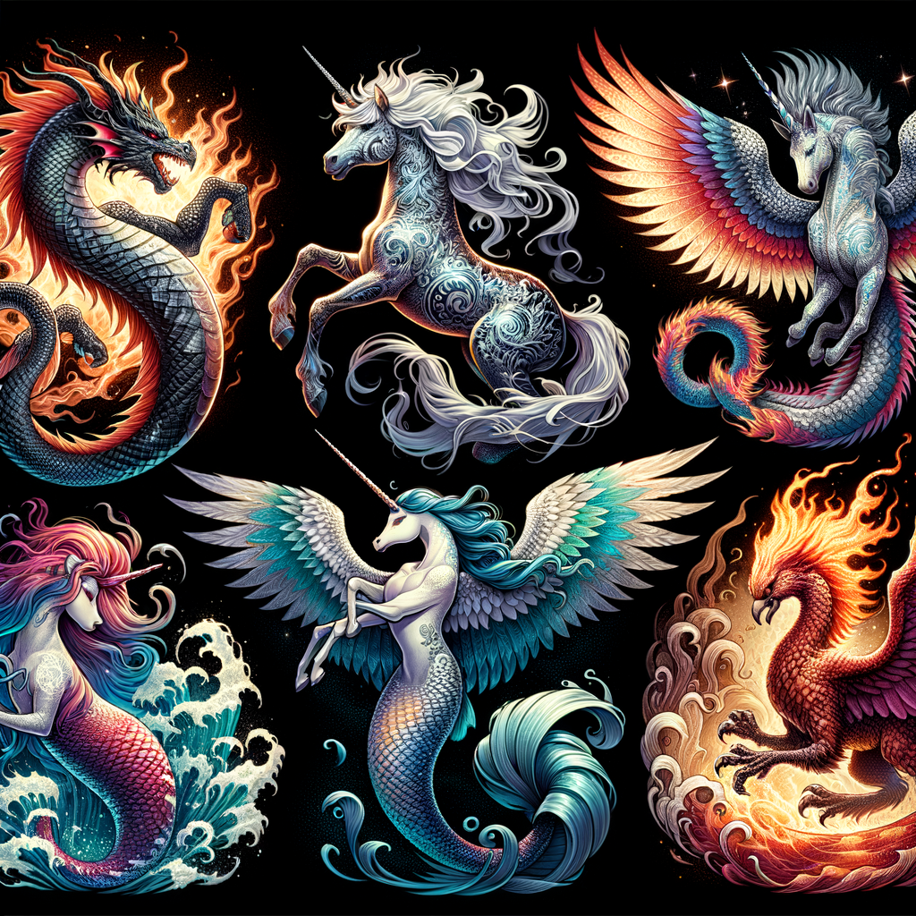 Collection of mythical creature tattoos including legendary creature ink designs like dragons, unicorns, mermaids, and phoenixes, providing mythical tattoo ideas and inspiration for fantasy creature tattoos.