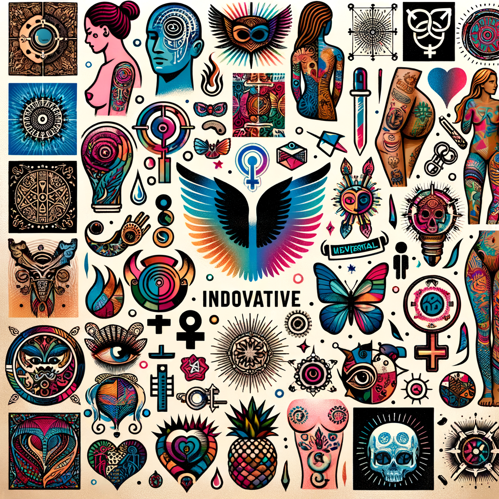 Vibrant collage of inclusive tattoo designs, showcasing gender neutral tattoos and universal tattoo ideas, promoting inclusive body art and tattoo art for all genders.