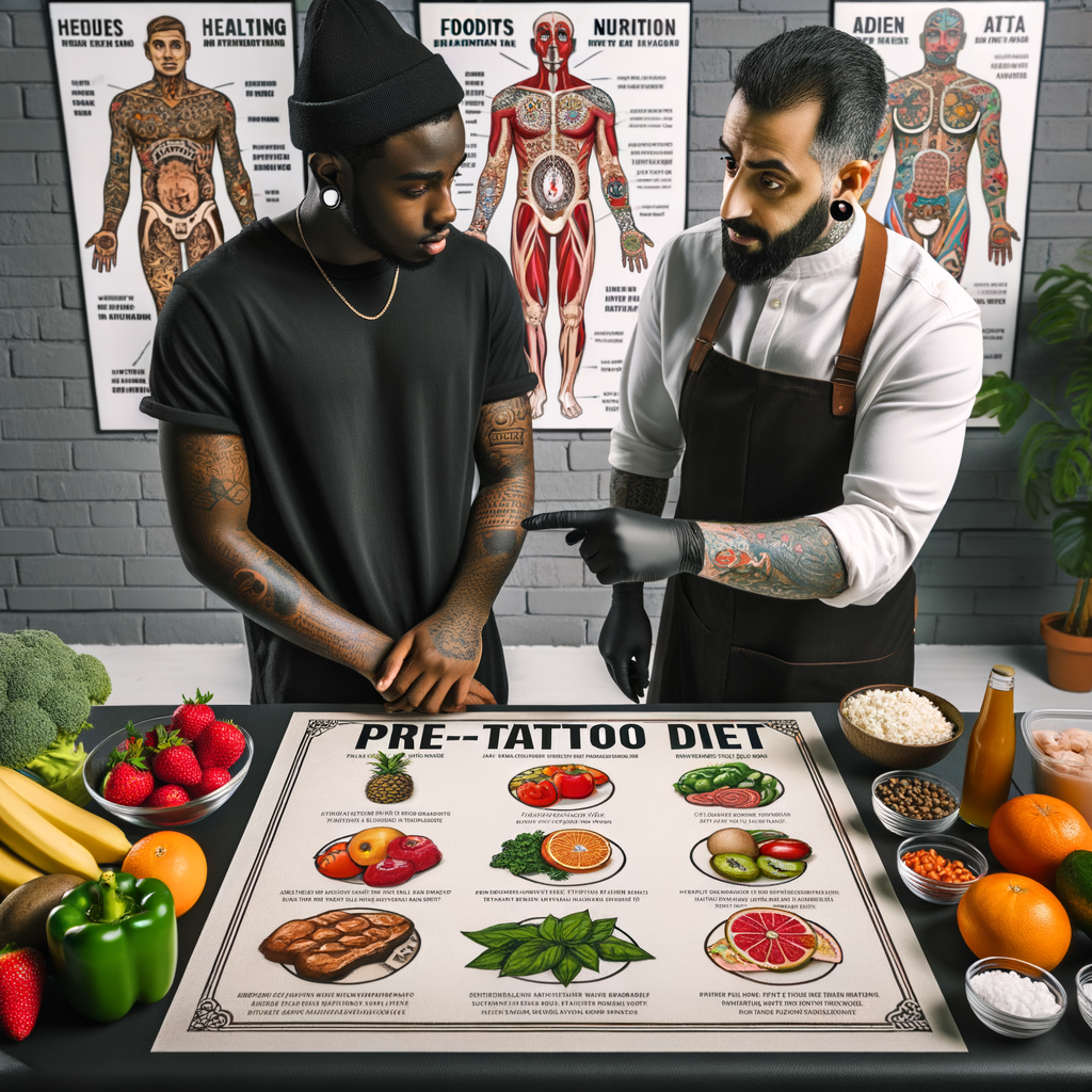 Tattoo artist providing tattoo preparation tips and discussing the best foods for pre-tattoo diet and tattoo healing process, highlighting the importance of nutrition for tattoo recovery and tattoo care nutrition.