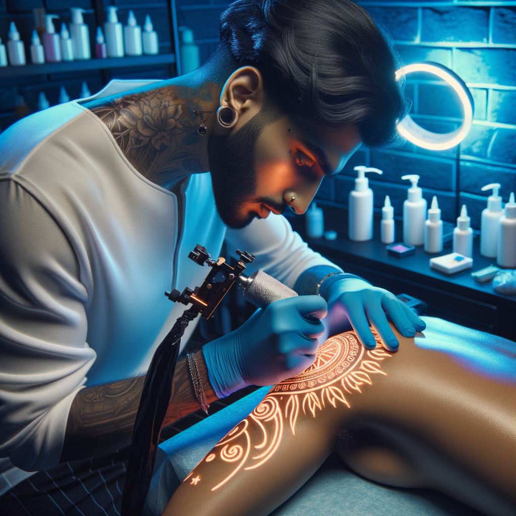 UV tattoo artist demonstrating inked artistry with illuminated UV ink tattoos, showcasing advanced tattoo techniques and UV tattoo safety equipment for aftercare.