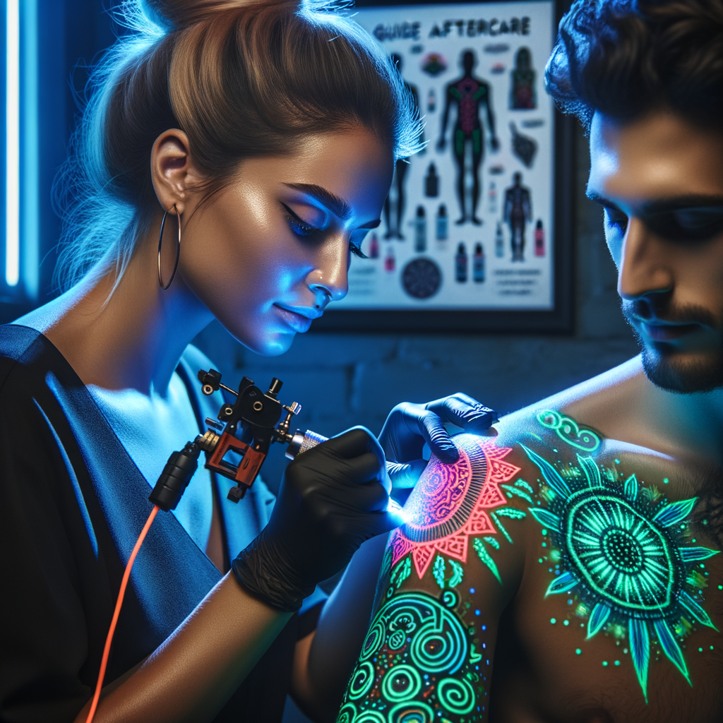 Professional tattoo artist creating a trendy glow-in-the-dark tattoo design with UV ink, showcasing the safety and aftercare of fluorescent tattoos under a blacklight.