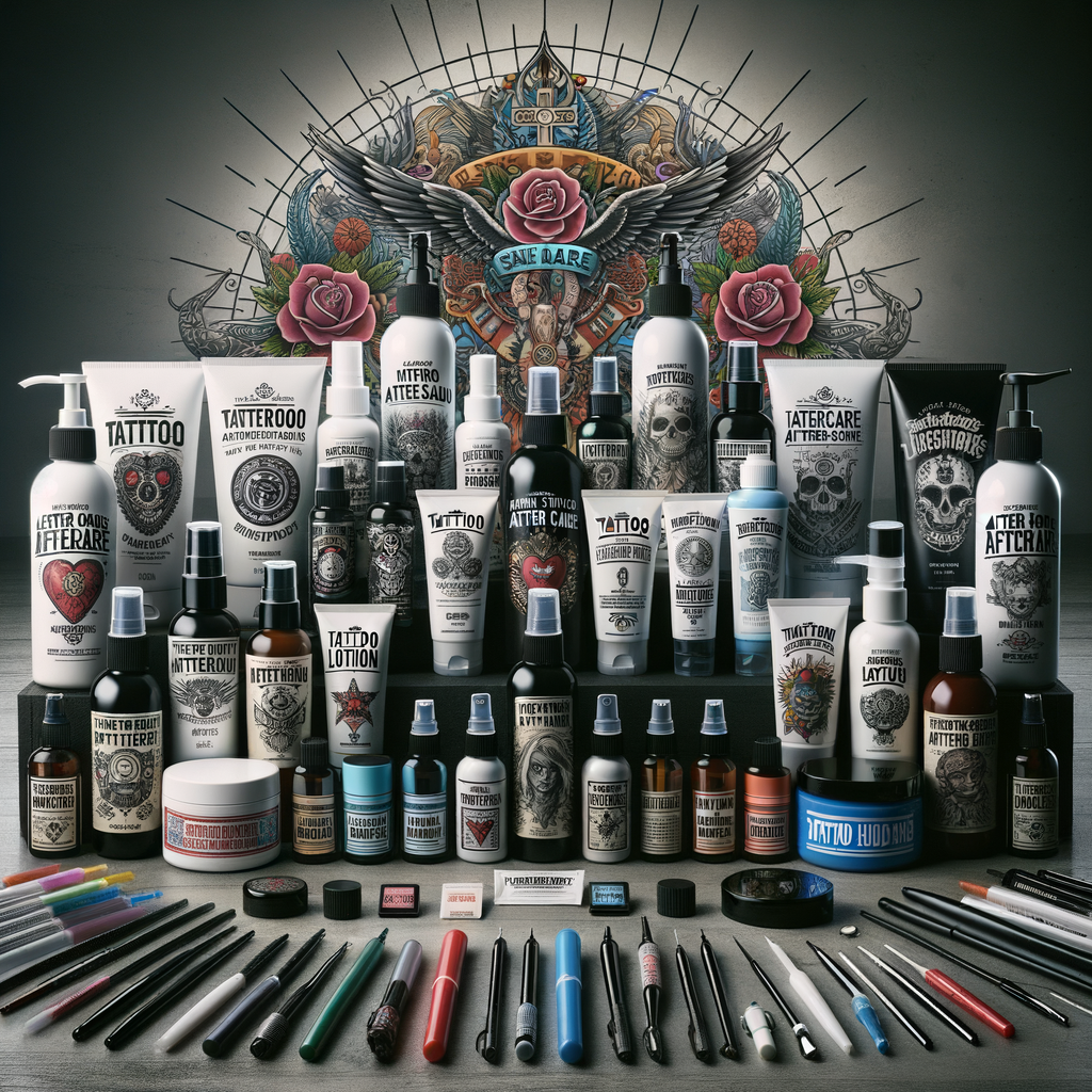 Assortment of best tattoo aftercare products featuring tattoo healing lotions, emphasizing the importance of choosing the right lotion for tattoos, for a comprehensive tattoo aftercare guide.
