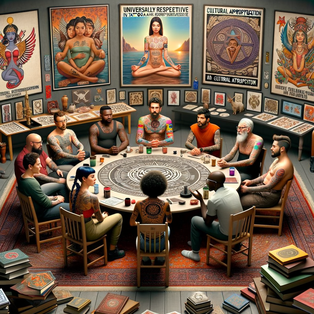 Diverse tattoo artists discussing cultural appropriation in tattoos, surrounded by respectful tattoo designs, books on understanding cultural tattoos, and ethical tattooing artwork, with posters on cultural sensitivity, tattoo culture appropriation, and misappropriation in the tattoo industry in the background.