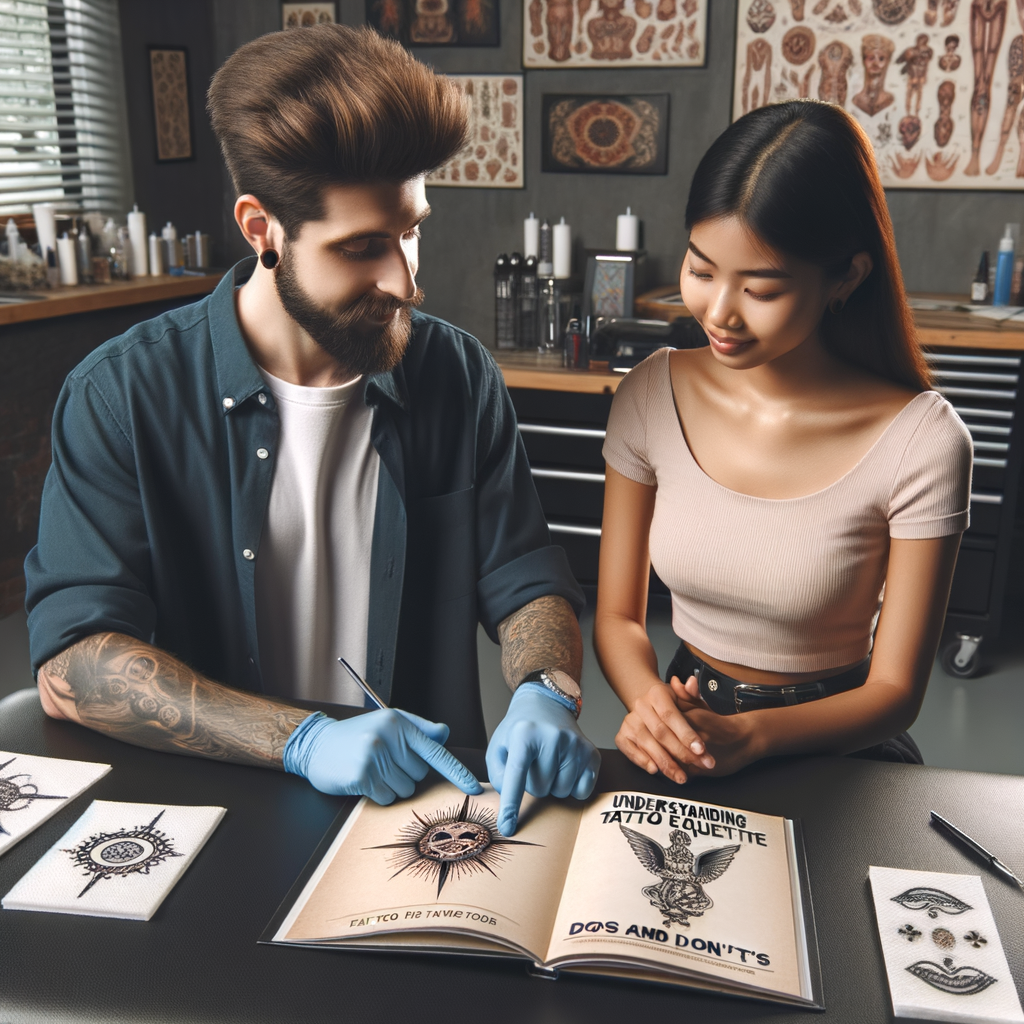 Tattoo artist demonstrating proper tattoo etiquette in a well-organized studio, consulting with a client about tattoo dos and don'ts using a guidebook titled 'Understanding Tattoo Etiquette
