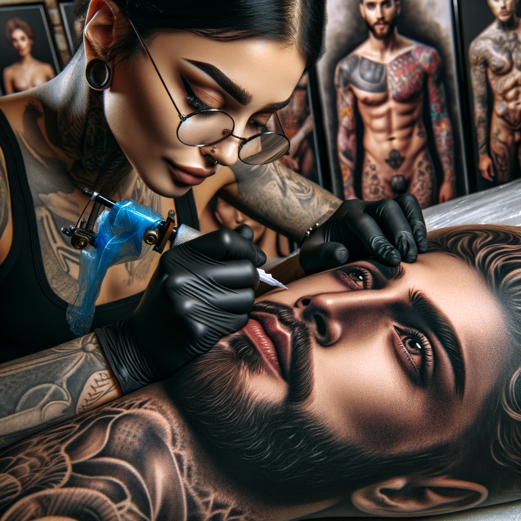 Tattoo artist applying realistic face tattoo on client's arm, demonstrating portrait tattoo designs, face tattoo ideas, and tattooing techniques for power of portraits and body figure tattoos.