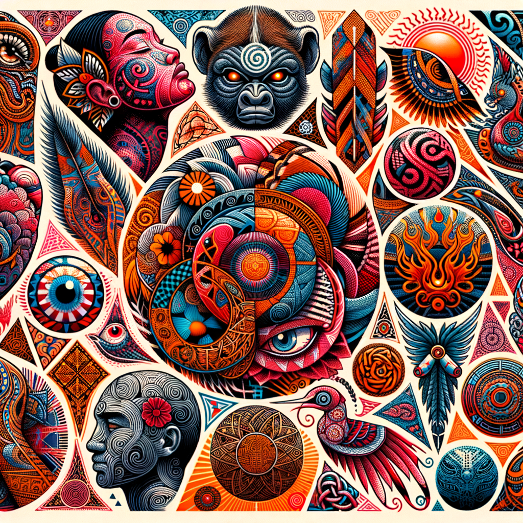 Vibrant collage of international tattoo designs showcasing the fusion of cultures in tattoo art, embodying global tattoo trends and cross-cultural tattoos for tattoo art inspiration.