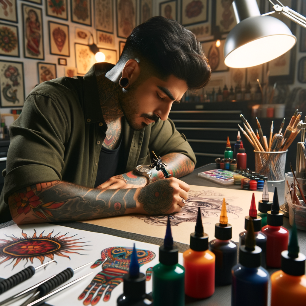 Tattoo artist conceptualizing unique tattoo designs, showcasing the intricate tattoo design process and techniques involved in creating tattoos, from concept to creation, unveiling the artistry in tattoo concept development.