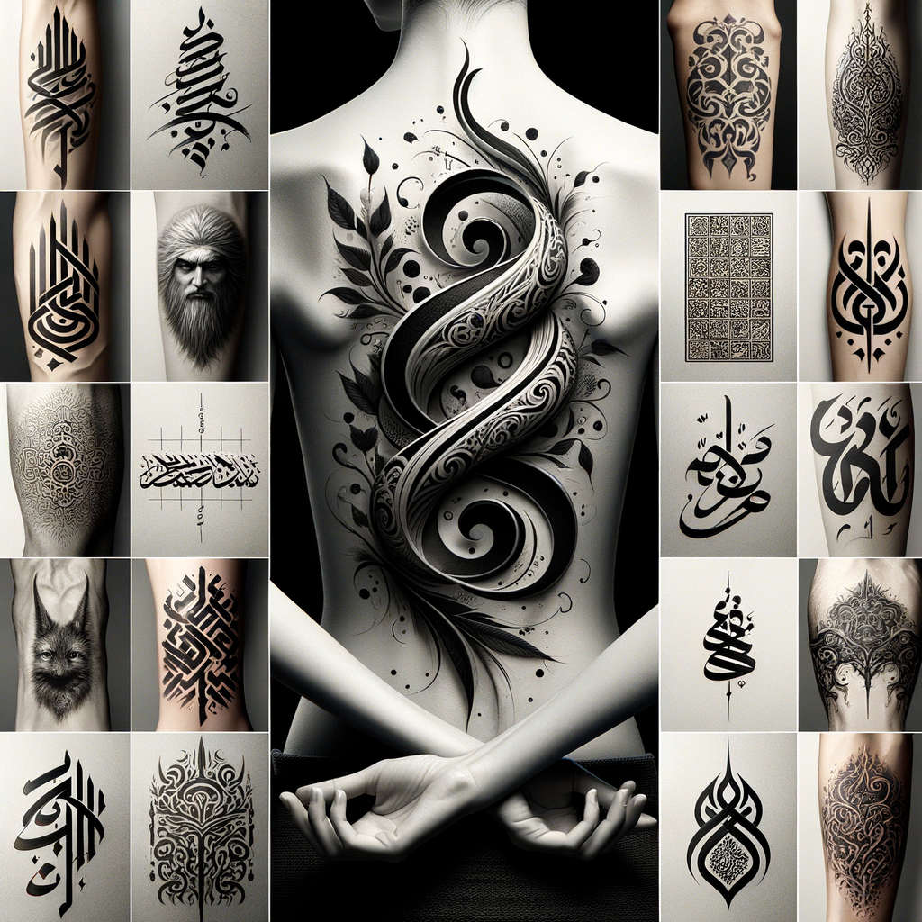 Artistic montage of intricate calligraphy tattoos, showcasing unique tattoo designs and the transformation of traditional script to skin tattoos.