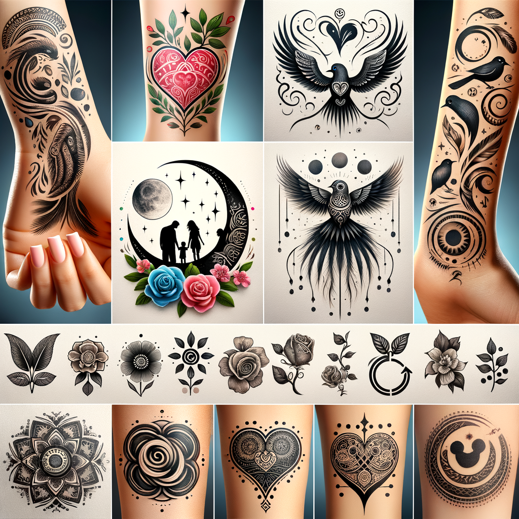 Collage of unique and inspirational family tattoo designs illustrating the deep meaning of family tattoos, with a range of epic tattoo ideas for both men and women, featuring symbolic family tattoos that represent love and bond within a family.