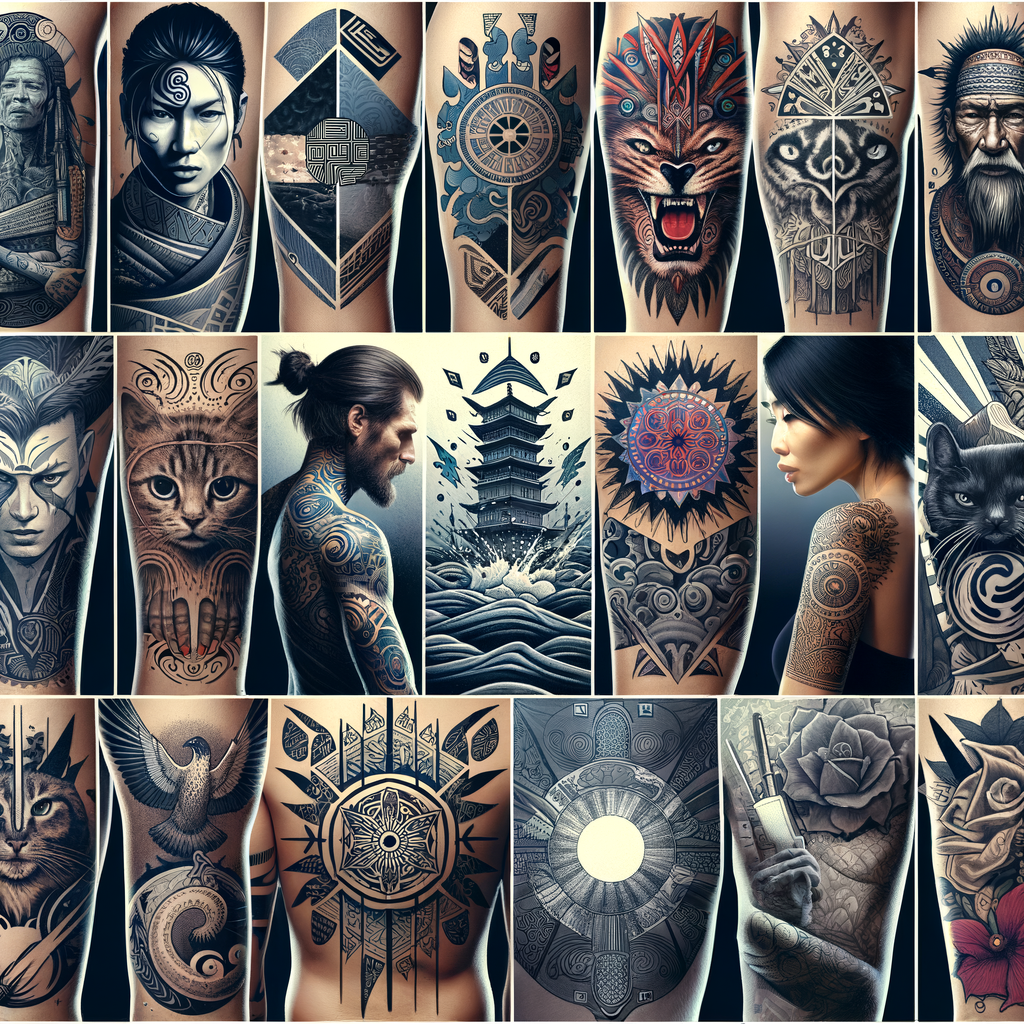 Vibrant collage of narrative tattoos, showcasing personalized tattoo designs and meanings, emphasizing storytelling tattoos and tattoo narratives with deep stories and meaningful symbolism.