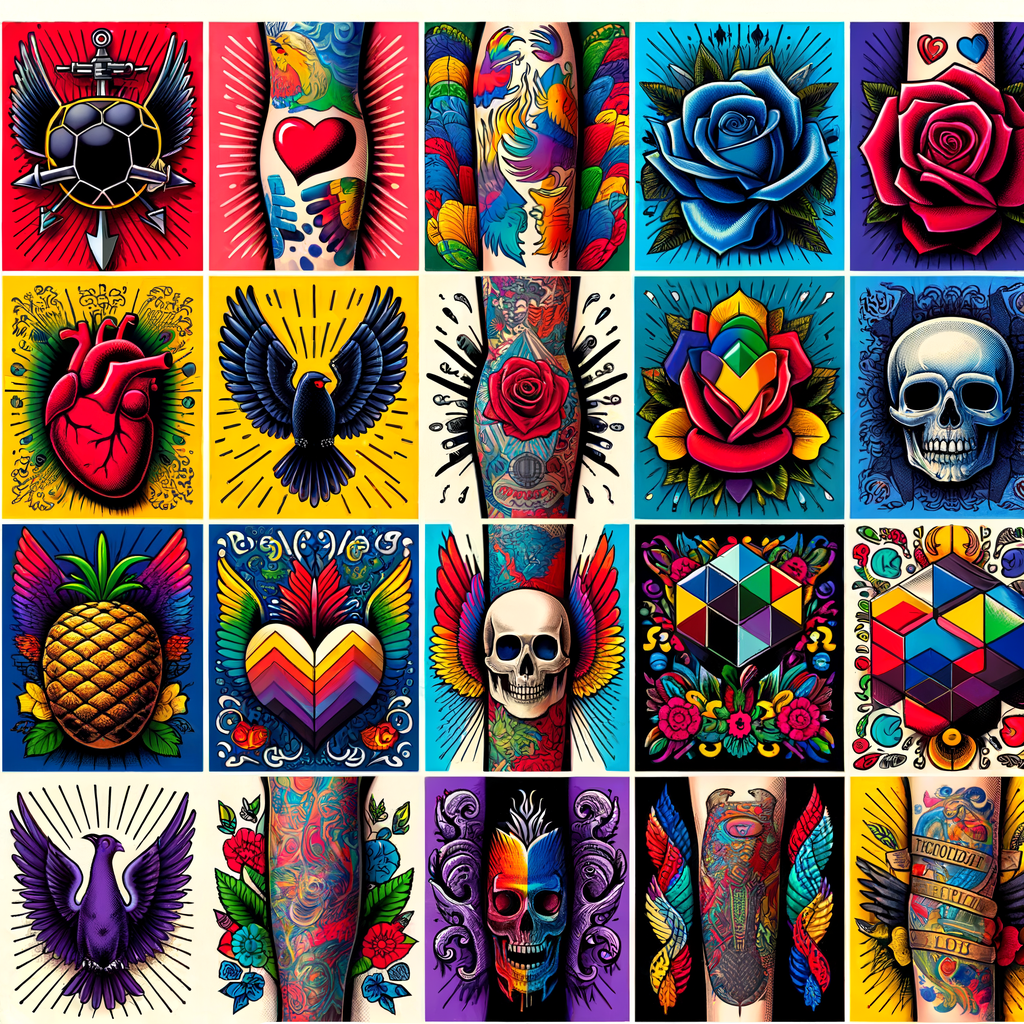 Vibrant collage of Color Theory Tattoos showcasing the Symbolism in Tattoos and the Meaning of Tattoo Colors, emphasizing the Significance of Tattoo Colors and Tattoo Color Interpretation
