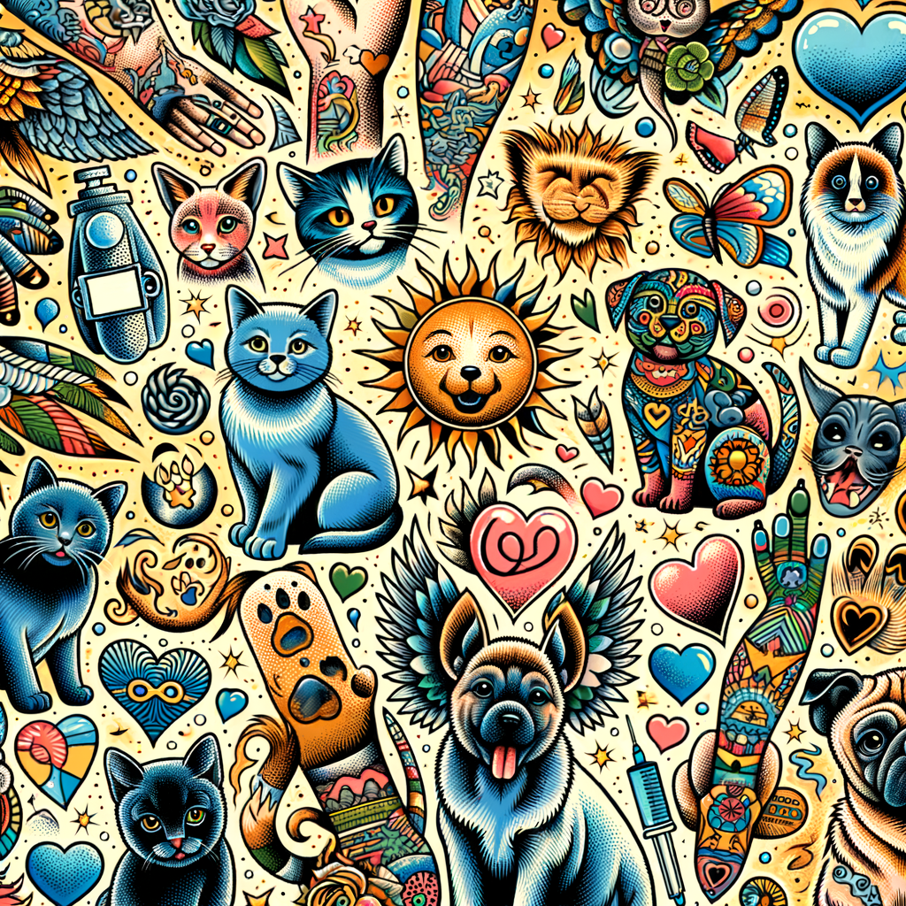 Vibrant collage of trending pet tattoos, animal tattoo designs, and pet memorial tattoos expressing love for pets and honoring cherished animals.