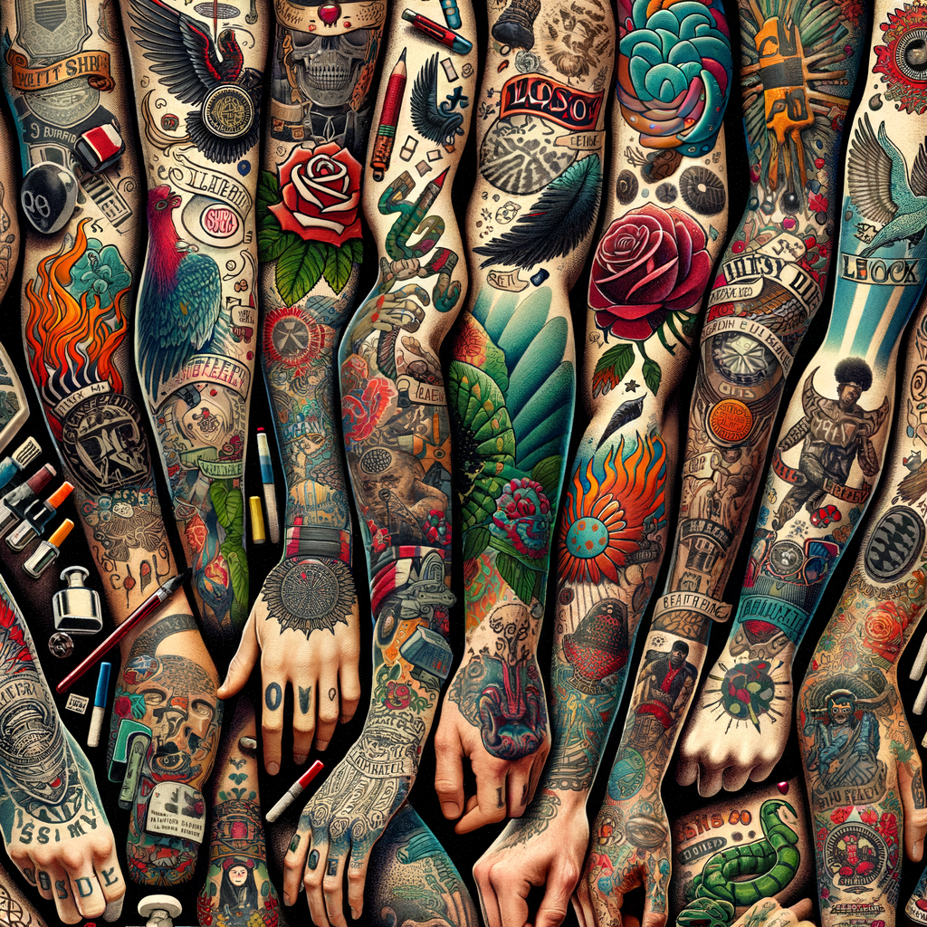 Vibrant collage of personal tattoos symbolizing life milestones and stories, showcasing the tattoo journey and the significance of commemorative tattoos as life markers.