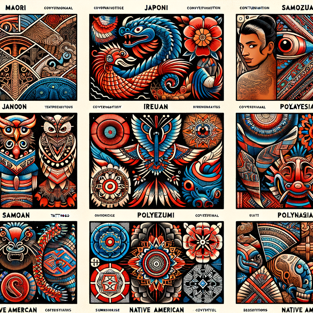 Vibrant collage of traditional tattoo designs from various cultures, highlighting the cultural significance, traditional meanings, and history of tattoos for the article 'Tattoo Tales: Cultural Significance in Traditional Designs'.