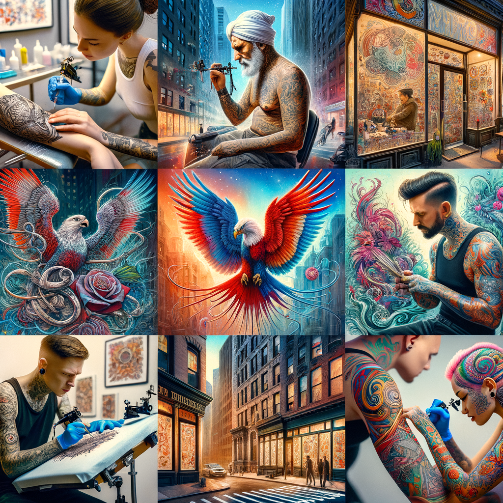Vibrant montage of top-rated New York tattoo shops featuring the finest tattoo artists in action, encapsulating the essence of the NYC tattoo scene for a comprehensive guide to the best studios in the city.