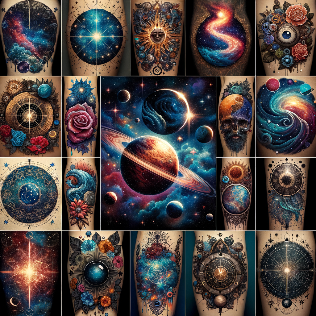 Celestial Tattoo Designs collage featuring Cosmos Tattoo Ideas, Space Tattoo Inspirations, Starry Sky Tattoos, Astrology Tattoo Concepts, Galaxy Tattoo Designs, Astronomy Tattoo Ideas, Universe Tattoo Inspirations, Planetary Tattoo Designs, and Zodiac Tattoo Ideas for cosmic theme inspiration.