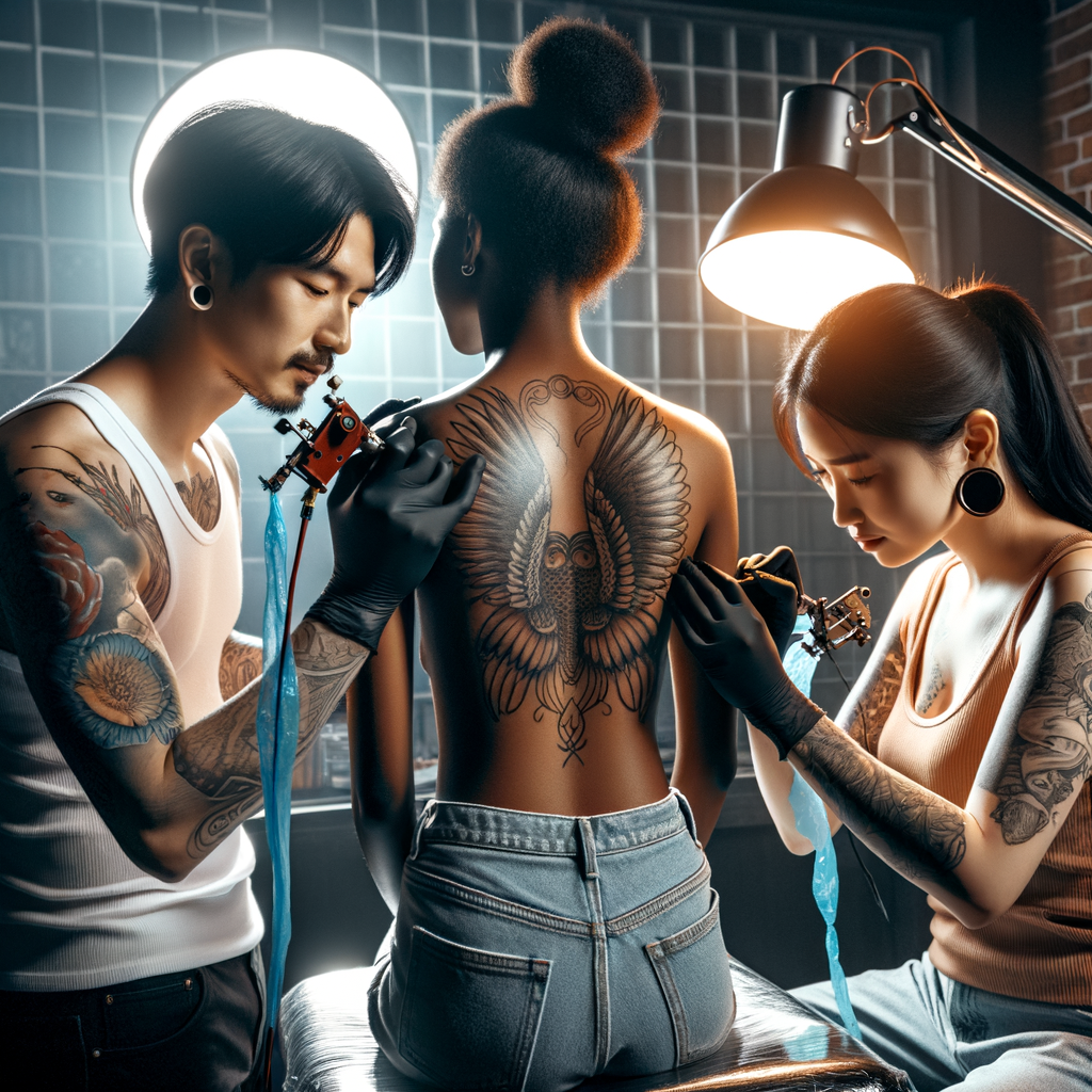 Tattoo artists collaboration in a shared tattoo experience, highlighting the art of tattooing and the tattooing process, crafting collaborative tattoo designs, embodying the shared art experience and tattoo artistry.