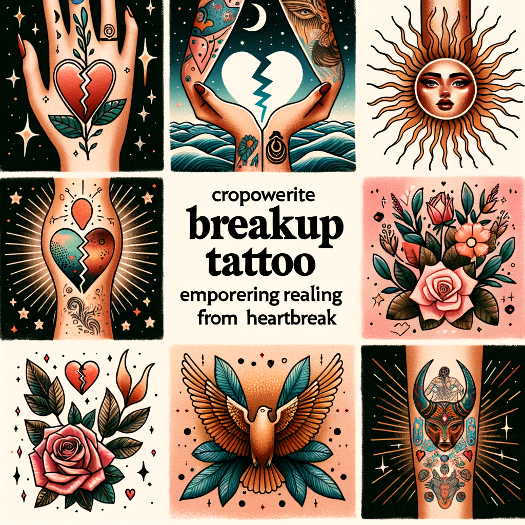 Collage of empowering breakup tattoo designs for emotional healing, self-love, and moving on, symbolizing heartbreak recovery and embodying the concept of tattoo therapy after a breakup.