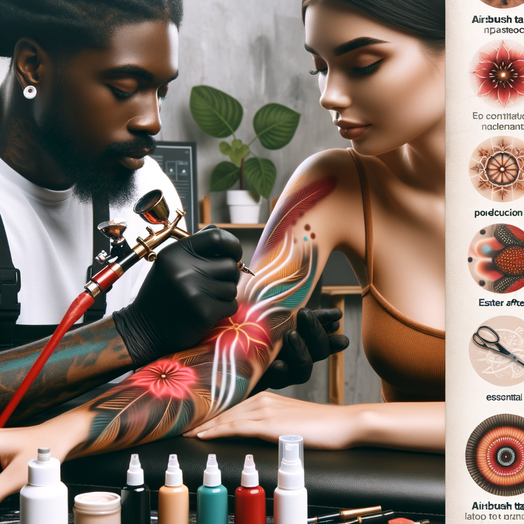 Professional artist applying airbrush tattoo with focus on tools and products for prolonging longevity, alongside sidebar with airbrush tattoo care and maintenance tips for enhanced lifespan.