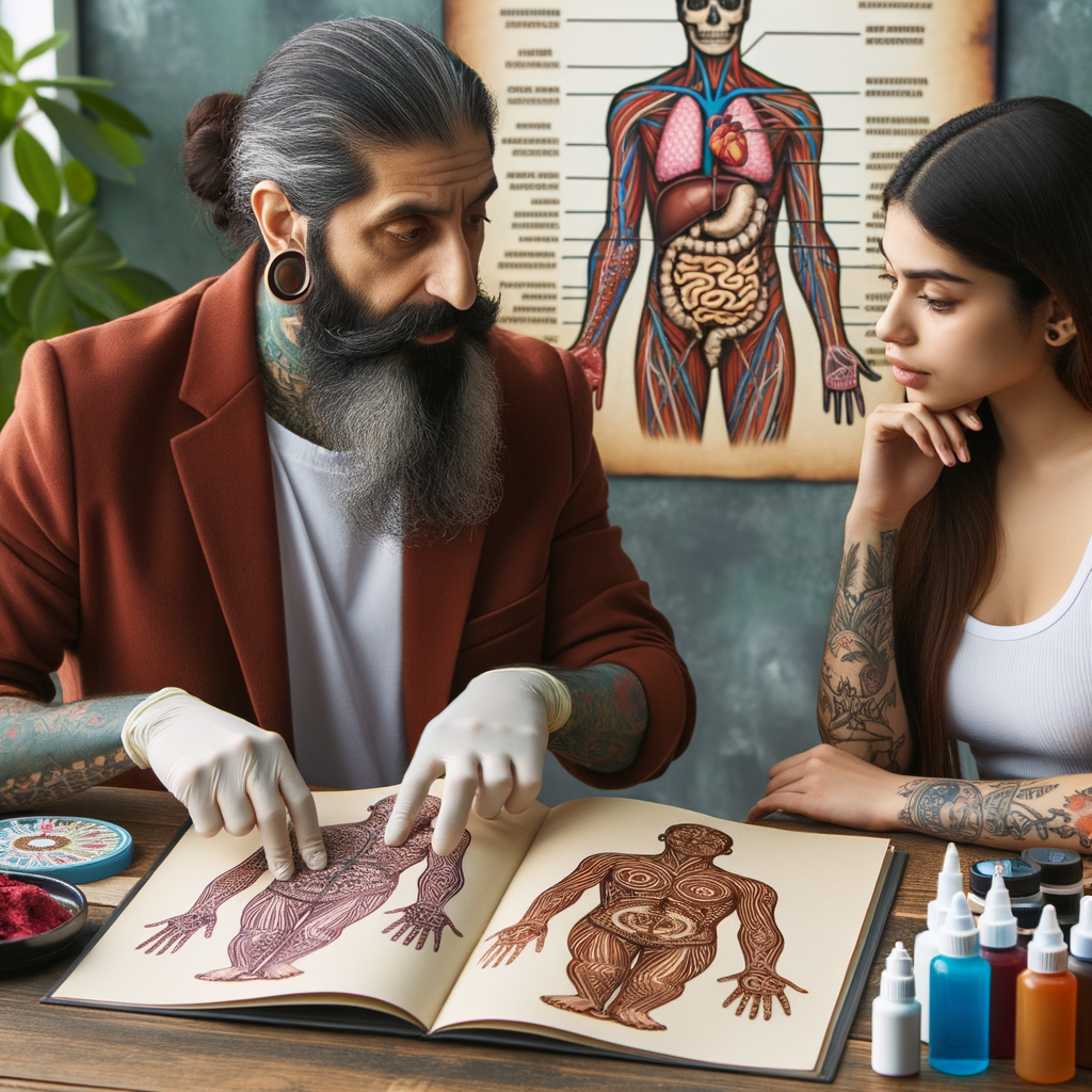 Tattoo artist explaining tattoo healing stages and recovery timeline, offering perfect tattoo care instructions and aftercare products for healing a new tattoo