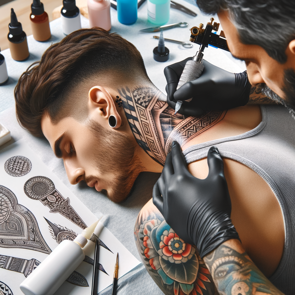Tattoo artist creating unique small neck tattoo design, with tattoo aftercare products and pain management tools for stunning tattoo ideas and inspiration.