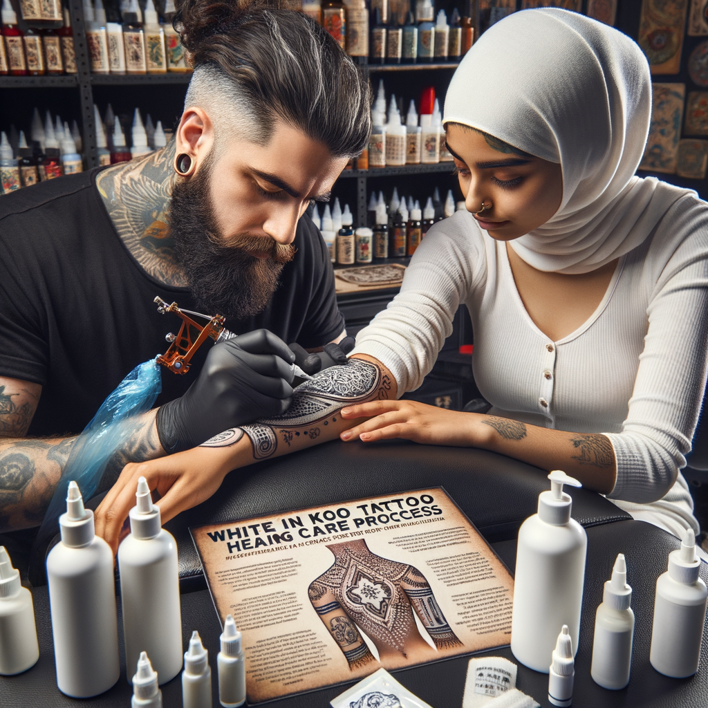 Professional tattoo artist applying white ink tattoo with tattoo aftercare products and care guide in background, providing tips on white tattoo healing process and maintaining white ink tattoos
