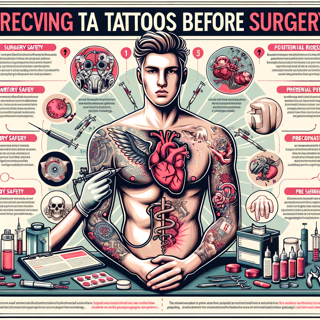 Infographic detailing Tattoos and Surgery Safety, highlighting Pre-Surgery Tattoo Risks and precautions when Getting Tattooed Before Surgery, emphasizing the Safety of Tattoos Before Surgical Procedures.