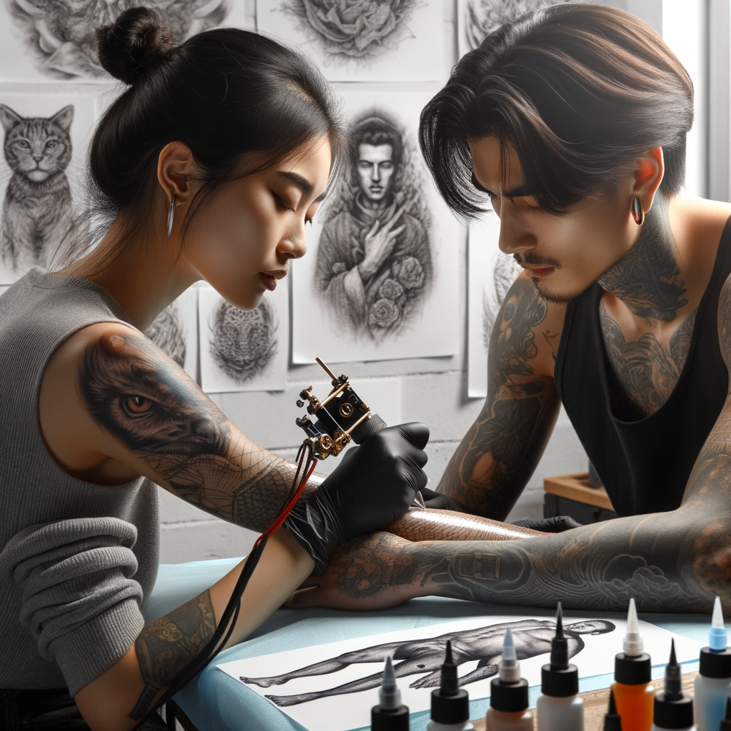 Professional tattoo artist demonstrating tattoo realism techniques and styles while inking a detailed realism tattoo, surrounded by realistic tattoo designs in a workspace, encapsulating the artistry in realism tattoos.