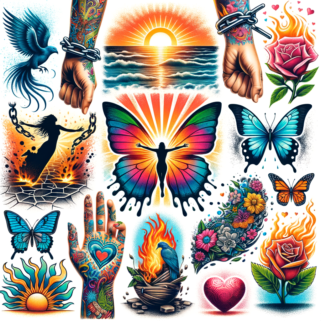 Vibrant collage of divorce tattoo ideas and life changes tattoos, showcasing tattoo designs after divorce, tattoos symbolizing change, post-divorce tattoo inspiration, tattoo therapy after divorce, tattoos for new beginnings, healing tattoos after divorce, tattoos for personal growth, and divorce recovery tattoos.