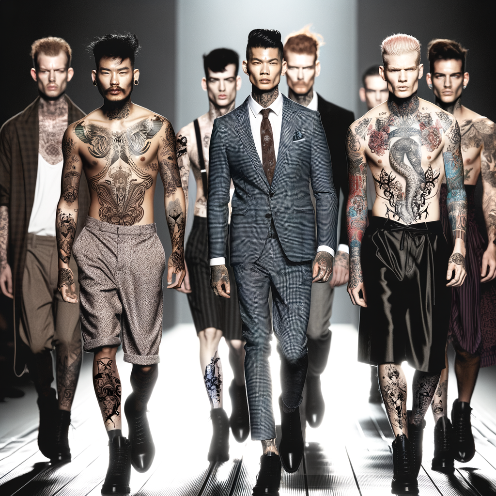Runway models with fashionable tattoos showcasing the latest tattoo fashion trends and ink in the fashion industry on the catwalk.