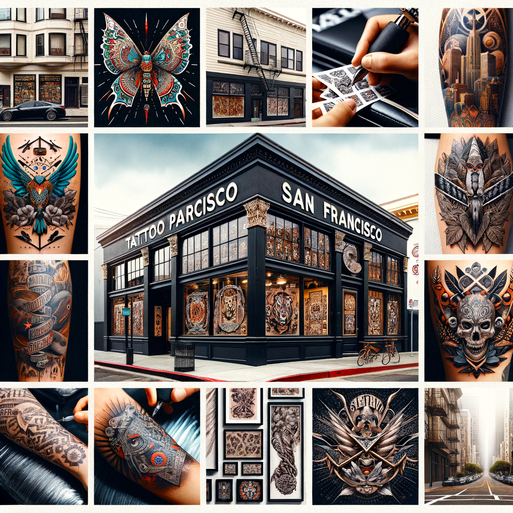 Collage of top-rated tattoo parlors in San Francisco, showcasing unique tattoo designs, professional consultations, and positive reviews of the best tattoo shops and artists in the city.