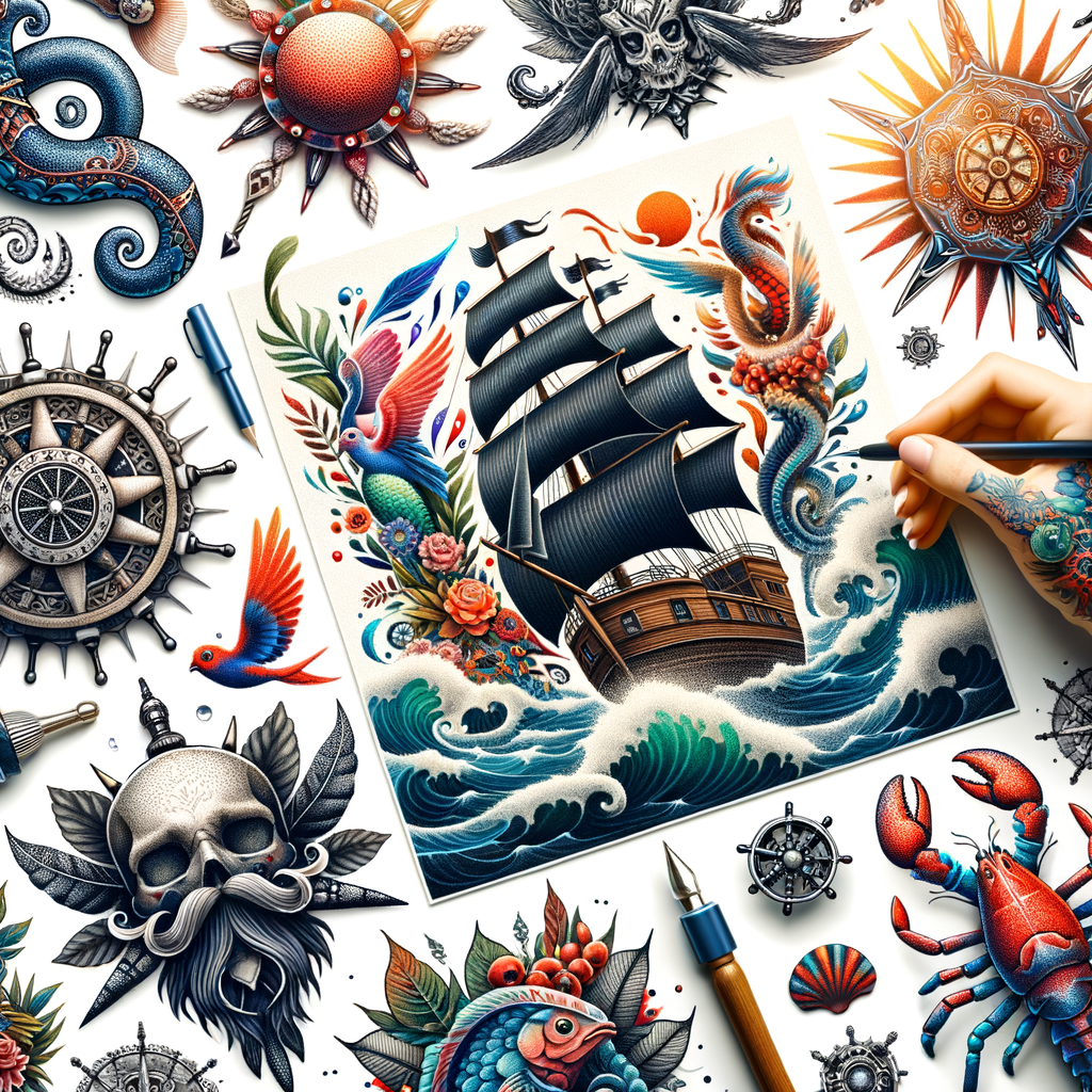Vibrant collection of nautical tattoo designs featuring ocean-inspired tattoos, sailor tattoos, maritime symbols, and sea-themed tattoos for ocean lovers seeking nautical tattoo inspiration.
