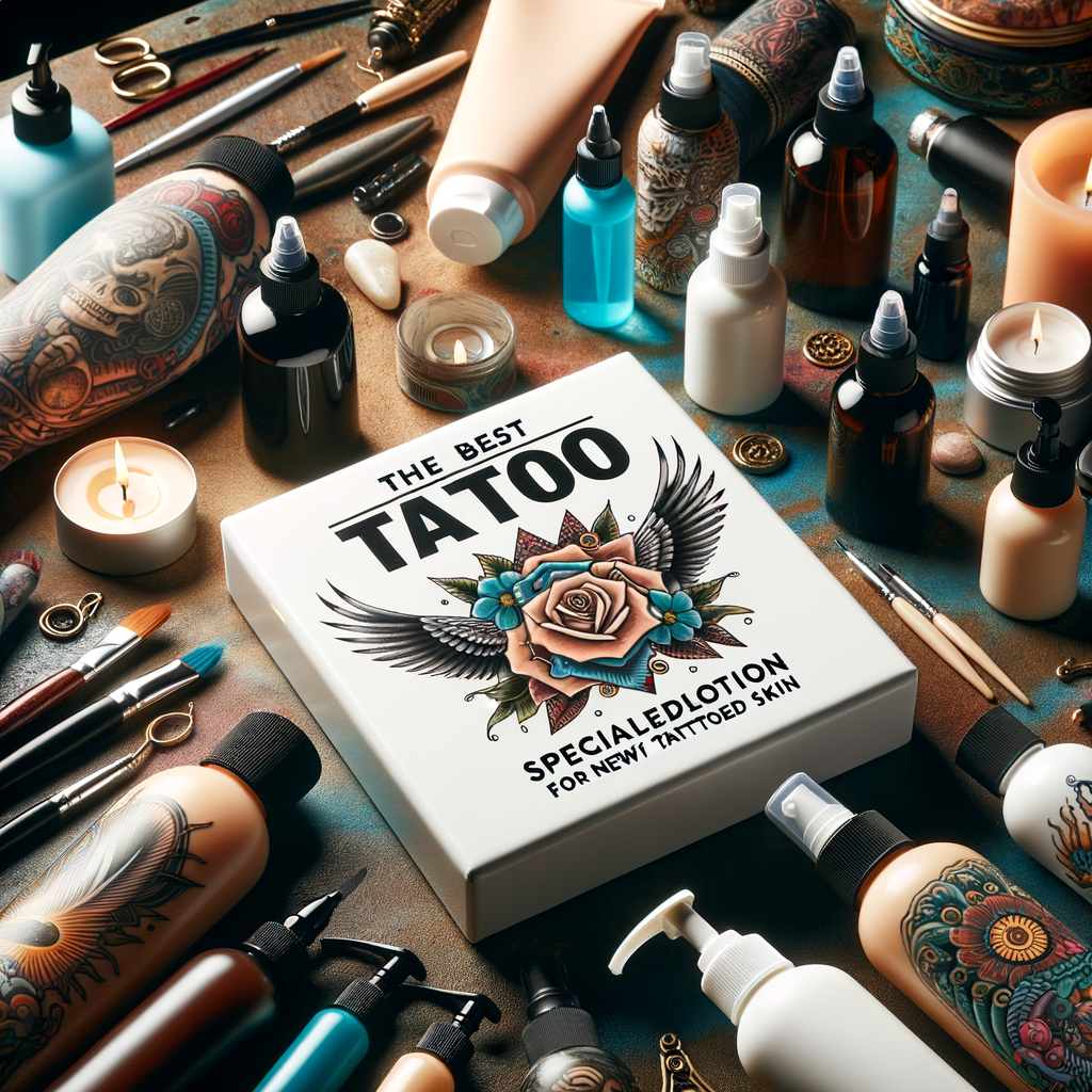 Assortment of best tattoo aftercare products including top-rated lotion for new tattoos, healing lotions, and moisturizers for fresh tattoo care, aiding in the tattoo healing process.