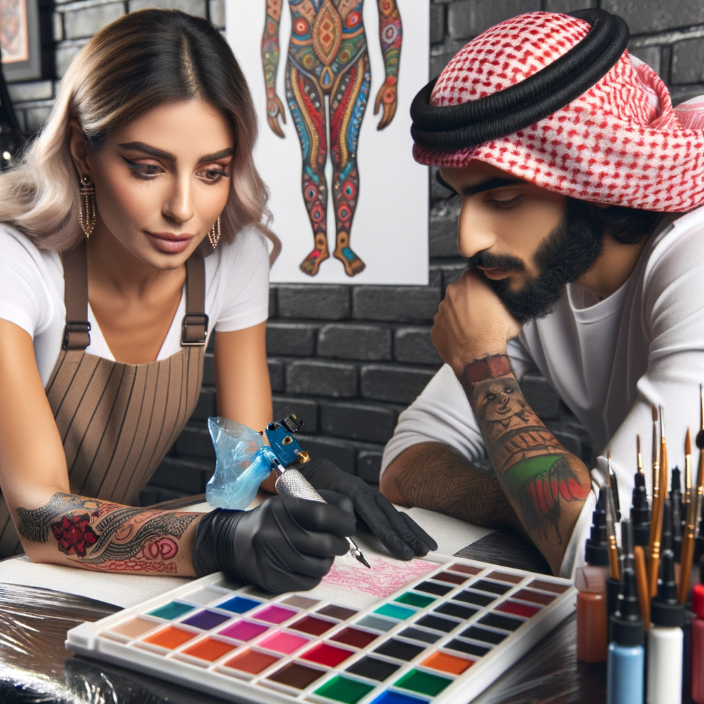 Tattoo artist meticulously choosing colors from ink palette for client's tattoo, emphasizing the significance of tattoo color selection, care, and tips to prevent color tattoo mistakes and avoid common errors.