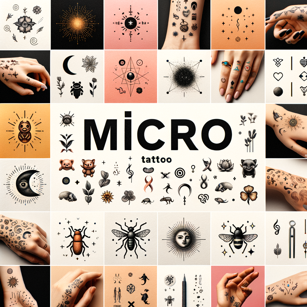 Collage of various stylish micro tattoo designs, tiny animal styles, minimalist symbols, and small tattoo ideas with a section on micro tattoo care tips and trends for a guide to small, stylish tattoos.